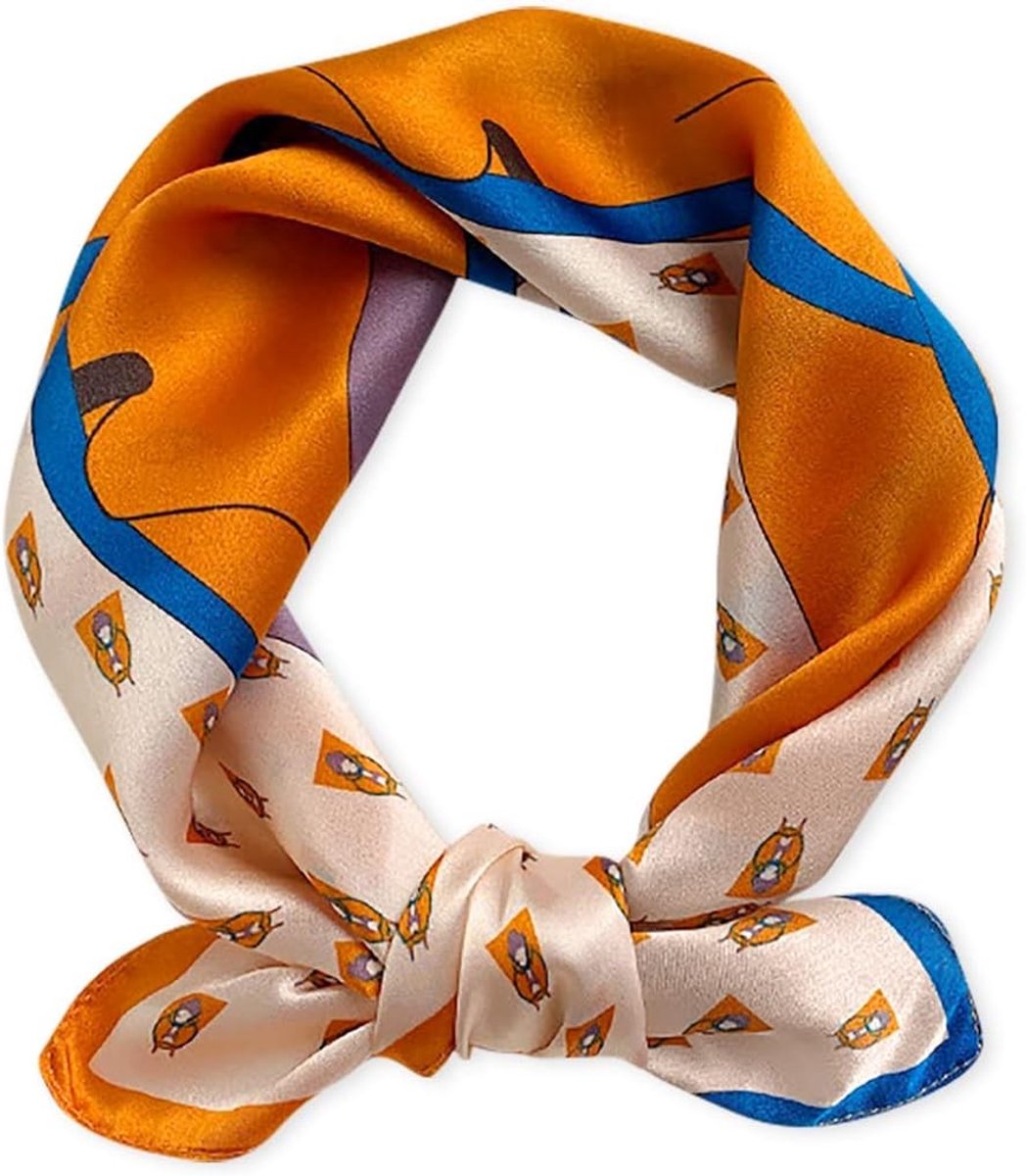 Zijde Sjaal voor Dames - Vierkante Houndstooth Ruitpatroon met Paardenprint - Satijnen Haarband en Neckerchief, Oranje