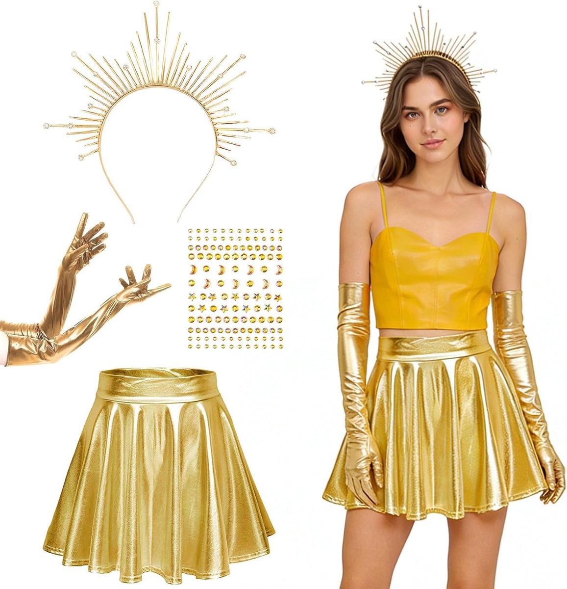 Zon Godin Kostuum met Halo Kroon, Metallic Plissé Rok en Gouden Glitter Tulle Rok voor Carnaval en Themafeesten