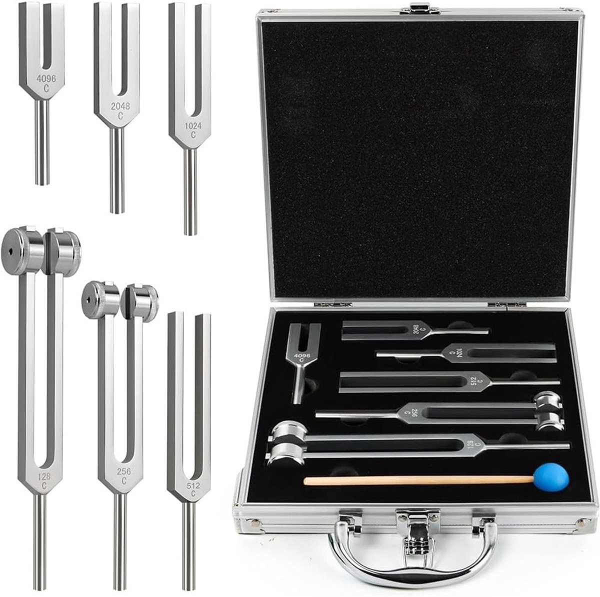 Set van 6 neuroloog stemvorken (128 Hz, 256 Hz, 512 Hz, 1024 Hz, 2048 Hz, 4096 Hz) voor chakra healing, klanktherapie en stressvermindering, ideaal voor welzijn en meditatie.