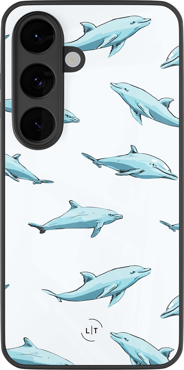 Hoesje geschikt voor Samsung Galaxy S26 - Dolfijnen - Luxe Glazen Hardcase - Print / Illustratie - Blauw