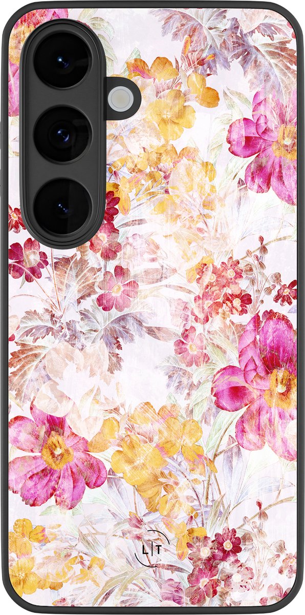Hoesje geschikt voor Samsung Galaxy S26 - Pink blossom - Luxe Glazen Hardcase - Bloemen - Multi