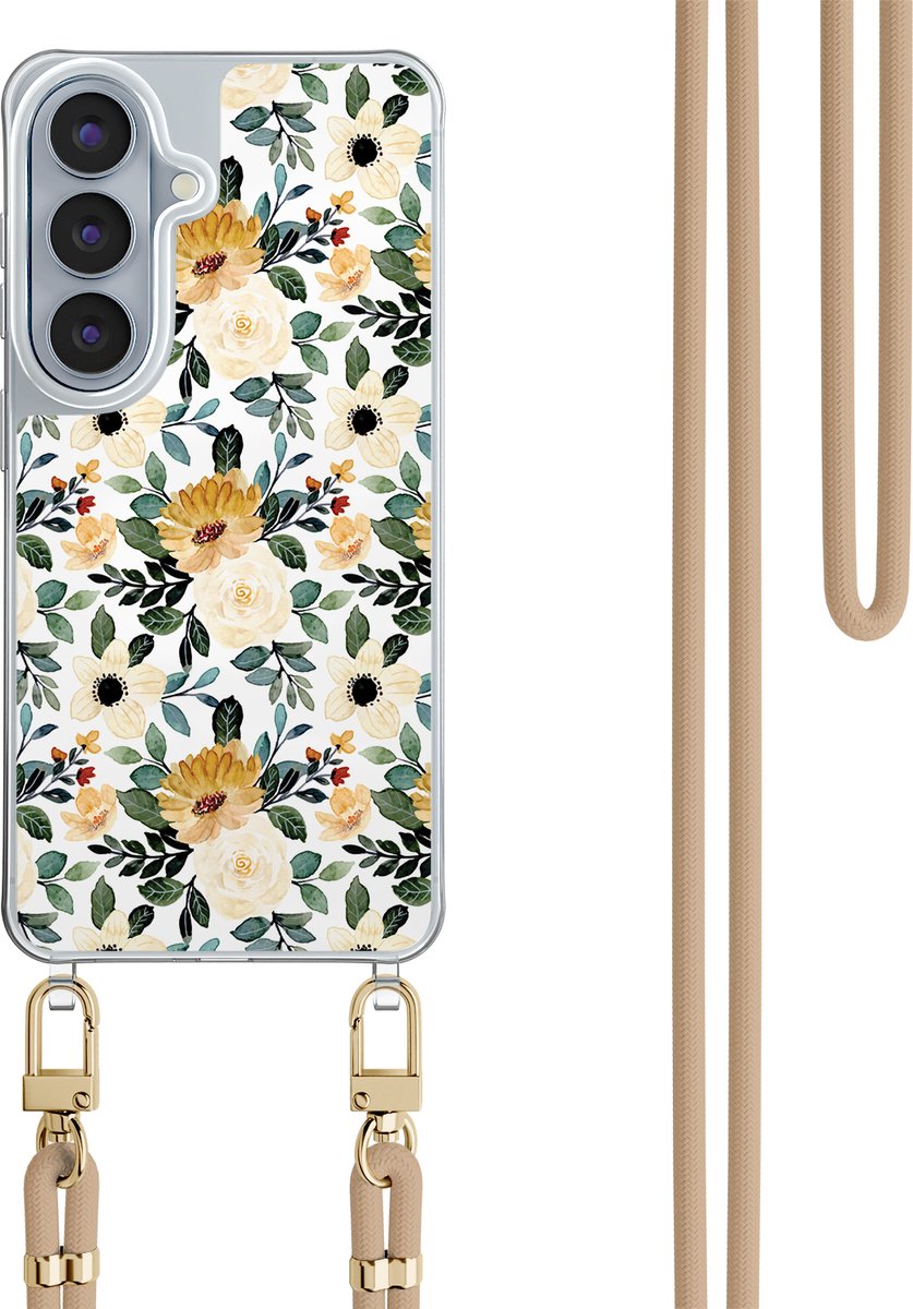 Hoesje met koord - Geschikt voor Samsung Galaxy S26 - Lovely flowerss - Verstelbaar zwart koord - Crossbody - Bloemen - Geel - Leuke Telefoonhoesjes