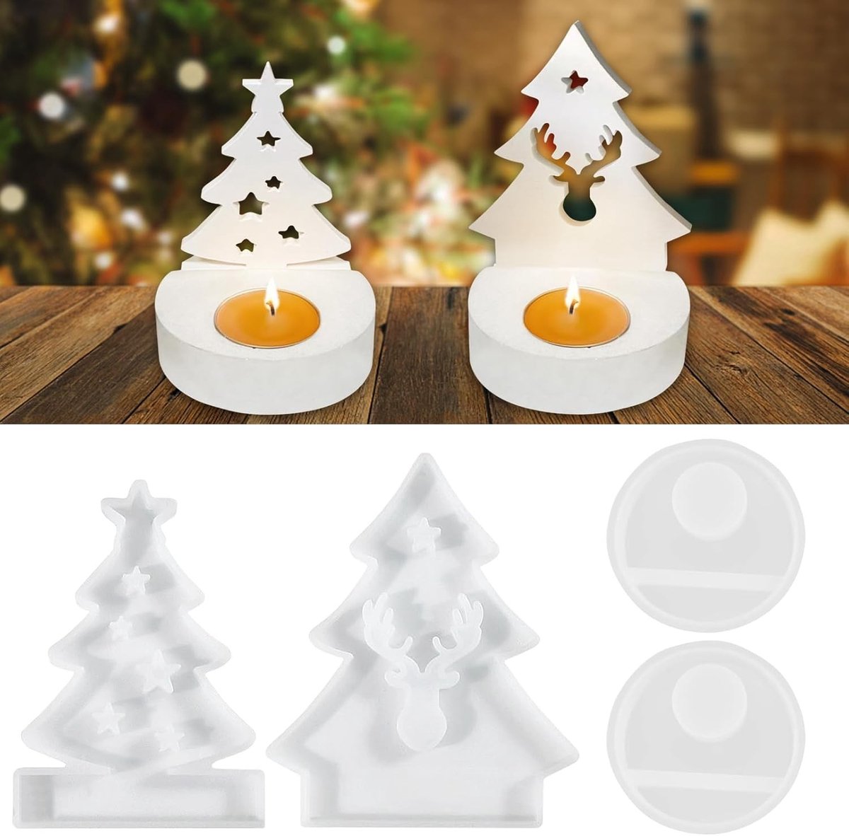 4-delige Siliconen Mallen voor Kerst, Kerstboom en Rendier Mallen voor DIY Kaarsen Gieten in Gips en Epoxyhars voor Thuisdecoratie