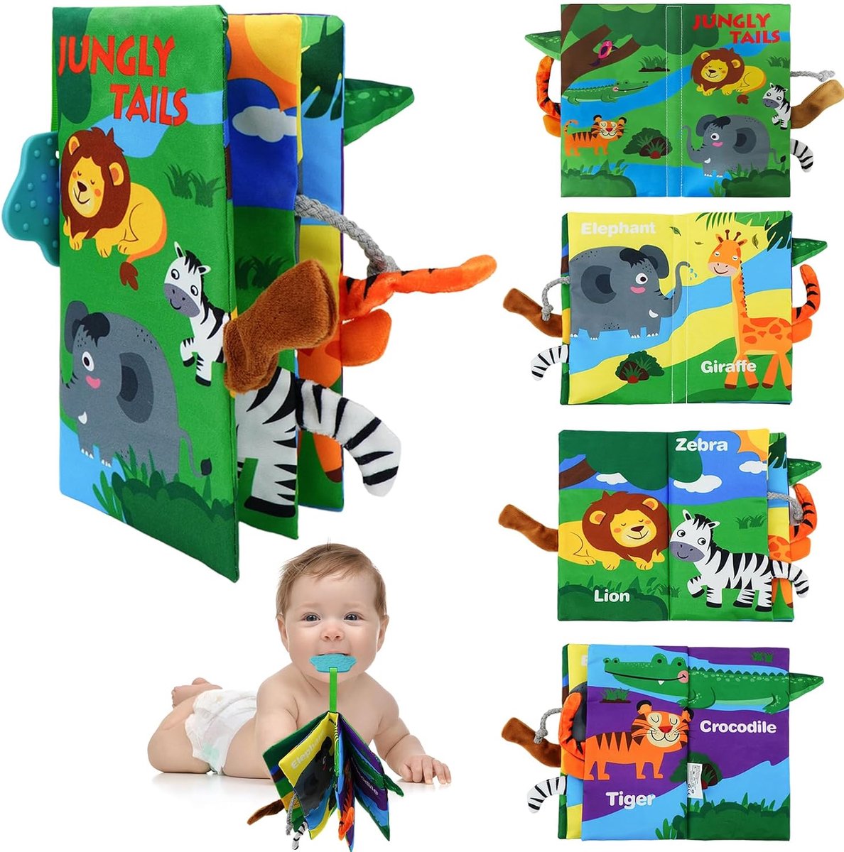 casalora Baby Stoffen Voelboek met Bijtring – Babyspeelgoed – Sensorisch Knisperboek voor 0-24 Maanden – Jungle Dieren