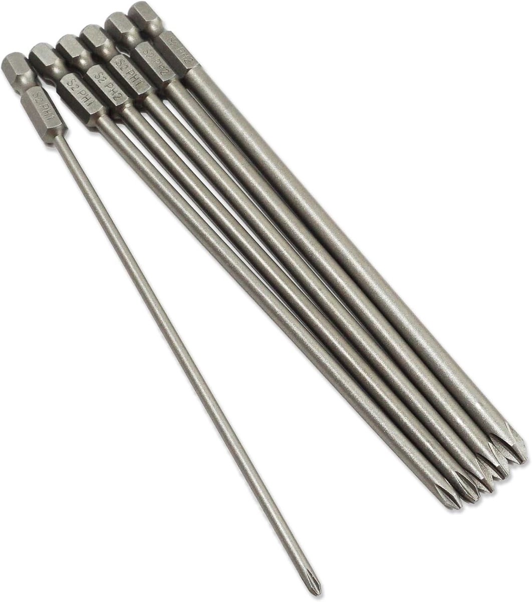 Set van 6 Lange Magnetische Kruiskopschroevendraaiers van S2 Staal - 150 mm voor Elektrische en Handmatige Schroevendraaiers met 1/4 Inch Hex Shank, Ideaal voor Klusprojecten en Onderhoud