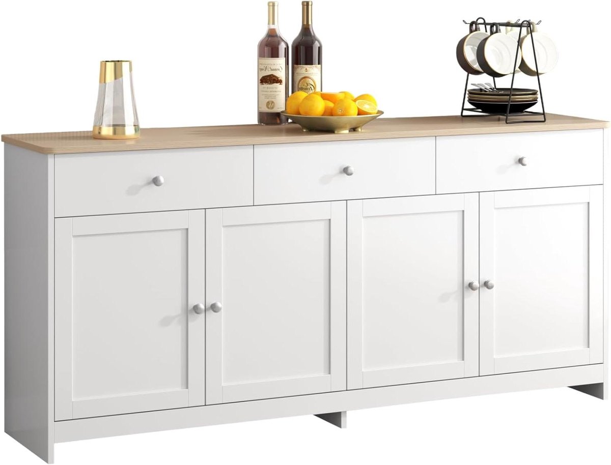 Dressoir Kast - Opbergkast Keuken - Keuken Organiseren - 3 Lades 4 Deuren - 160 x 75 cm - Wit