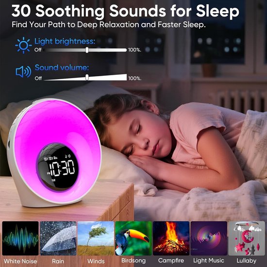 Wake-up Light - Zonsopgang Alarm - Rustig Ontwaken - 30 Natuurlijke Geluiden - 16 Lichtniveaus - Wit — afbeelding 5