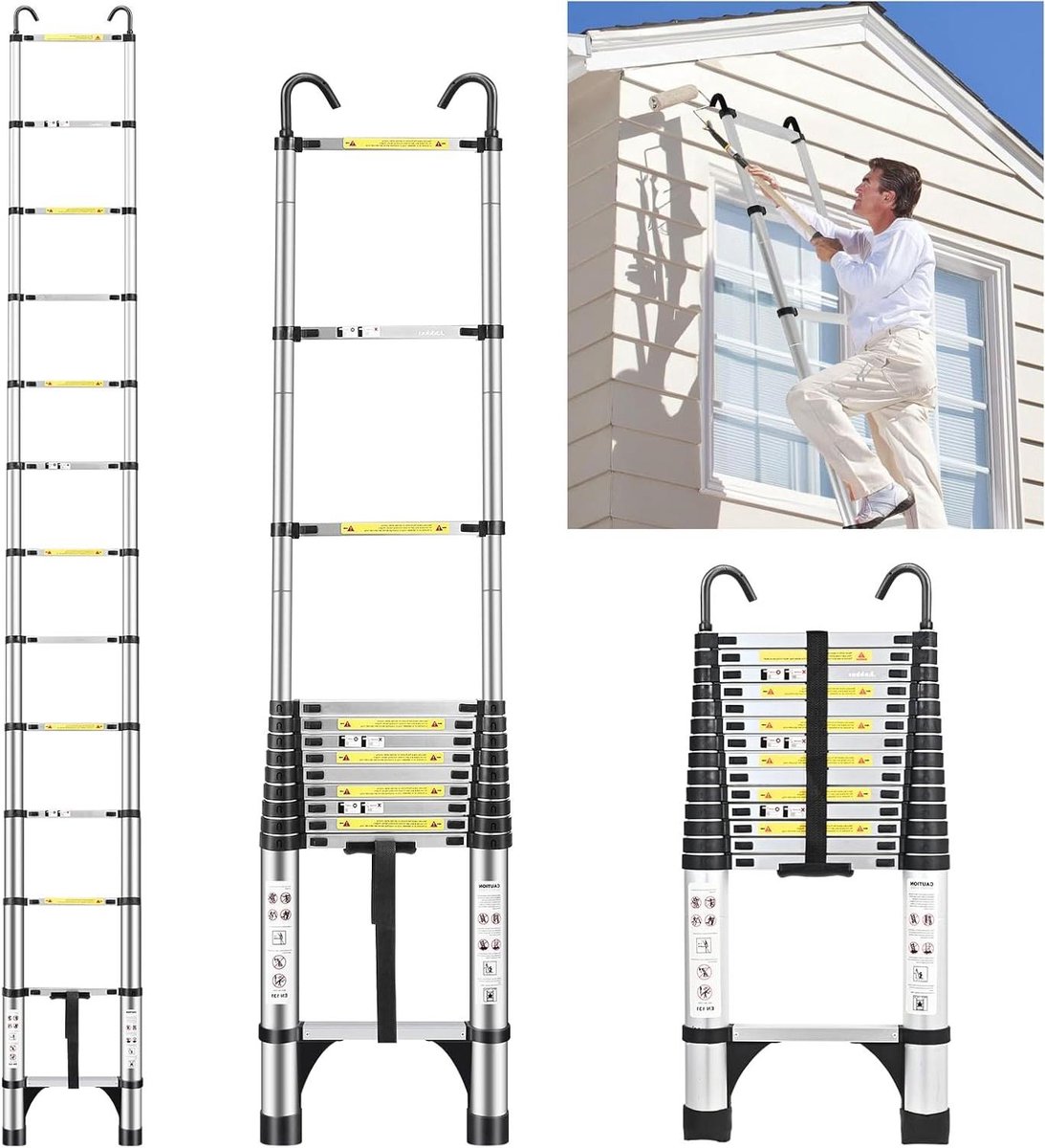 Telescopische Ladder - Verlengladder Aluminium - Werk op hoogte - Veilige haak - 44 meter - Zilver