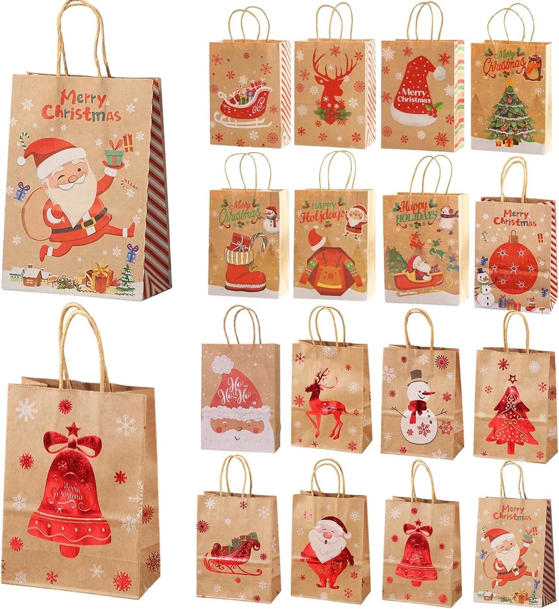 Set van 16 Kerstpapieren Tassen 21 x 15 x 8 cm voor Koekjes, Cadeaus en Feestjes