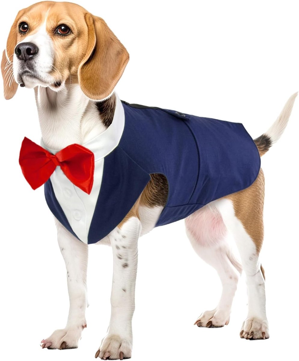 Puppy Kostuum met Strikje voor Huwelijk en Feestjes - Verstelbaar Hondenpak in Blauw (L)