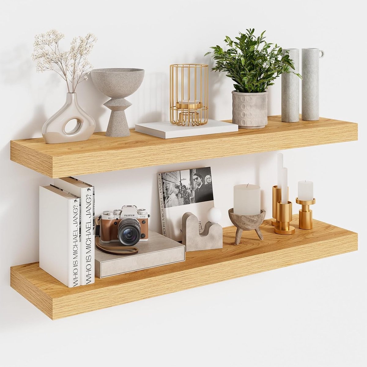 Set van 2 Drijvende Planken van 60 cm, Eiken Houten Planken voor Wanddecoratie en Opslag