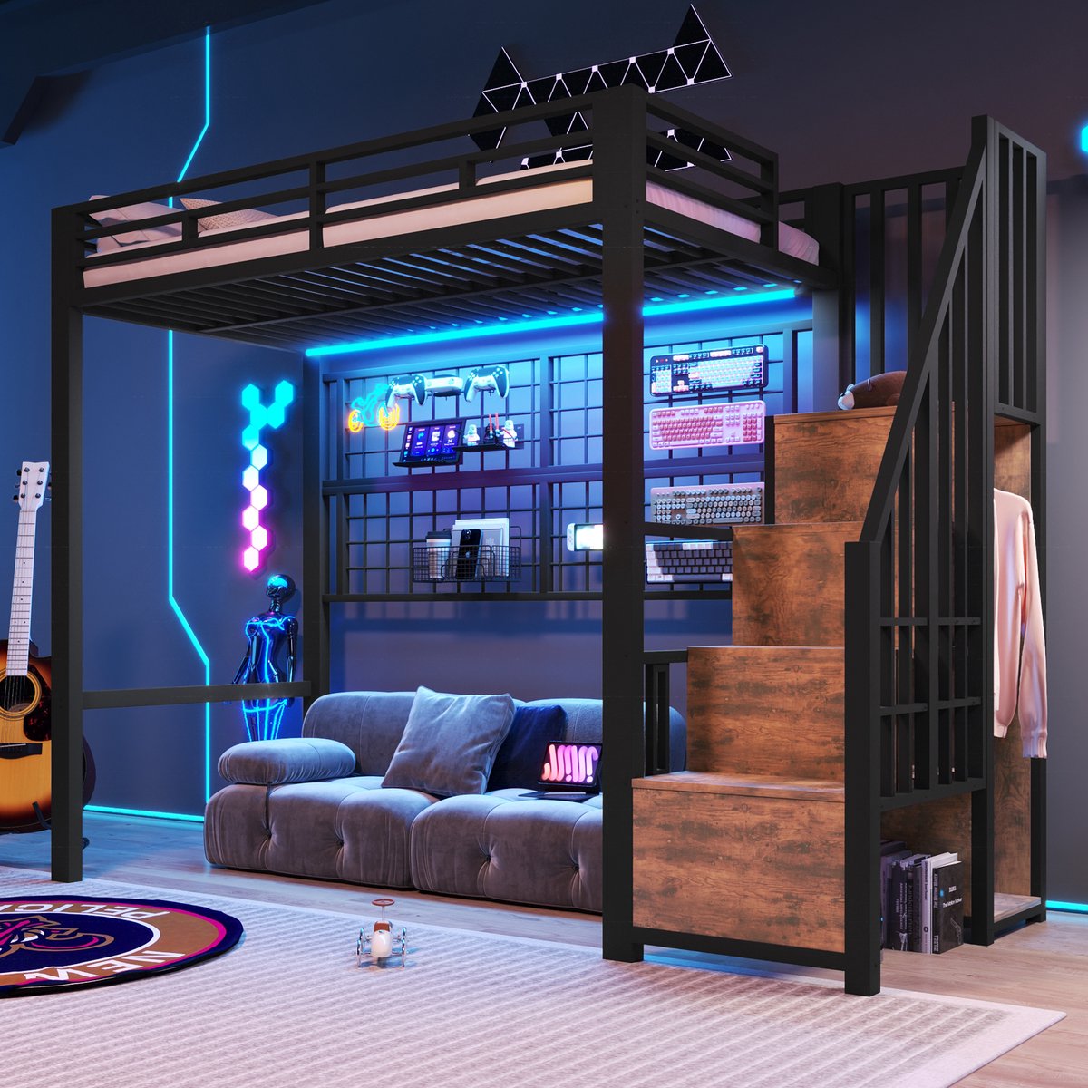 Wishdor Hoogslaper 90 x 200 cm - Metaal en MDF - Met opbergleiter, hangrek en open ruimte onder het bed - Zwart - Inclusief 7 kleuren ledverlichting