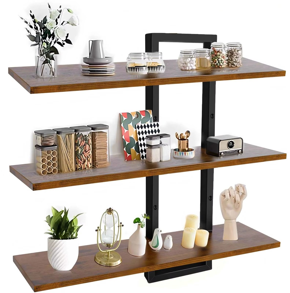 CreateEcom Wandrek - Zwevende planken - Decoratie - Industrieel - Verstelbaar 3-Laags Wandrek - Voor Keuken & Badkamer of Woonkamer - Hout & Metaal