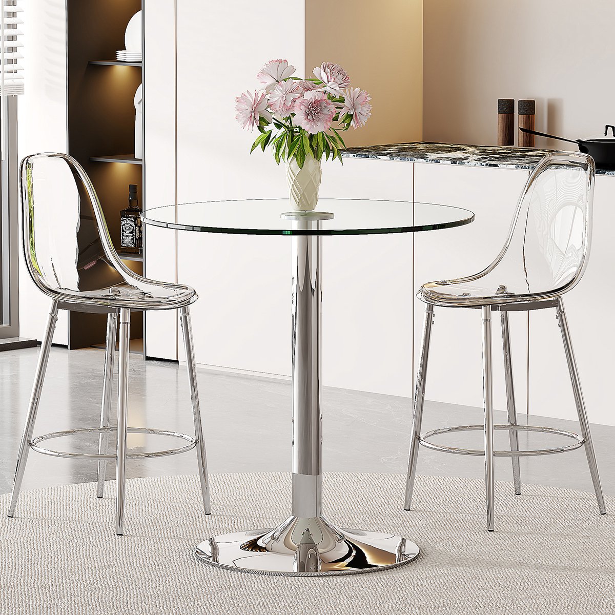 Wishdor Barset met glastafel en 2 barkrukken - Modern - Rond - Transparant - Zilver - Voor open keuken en kleine ruimtes - Metaal en kunststof - 89 cm - 92 cm