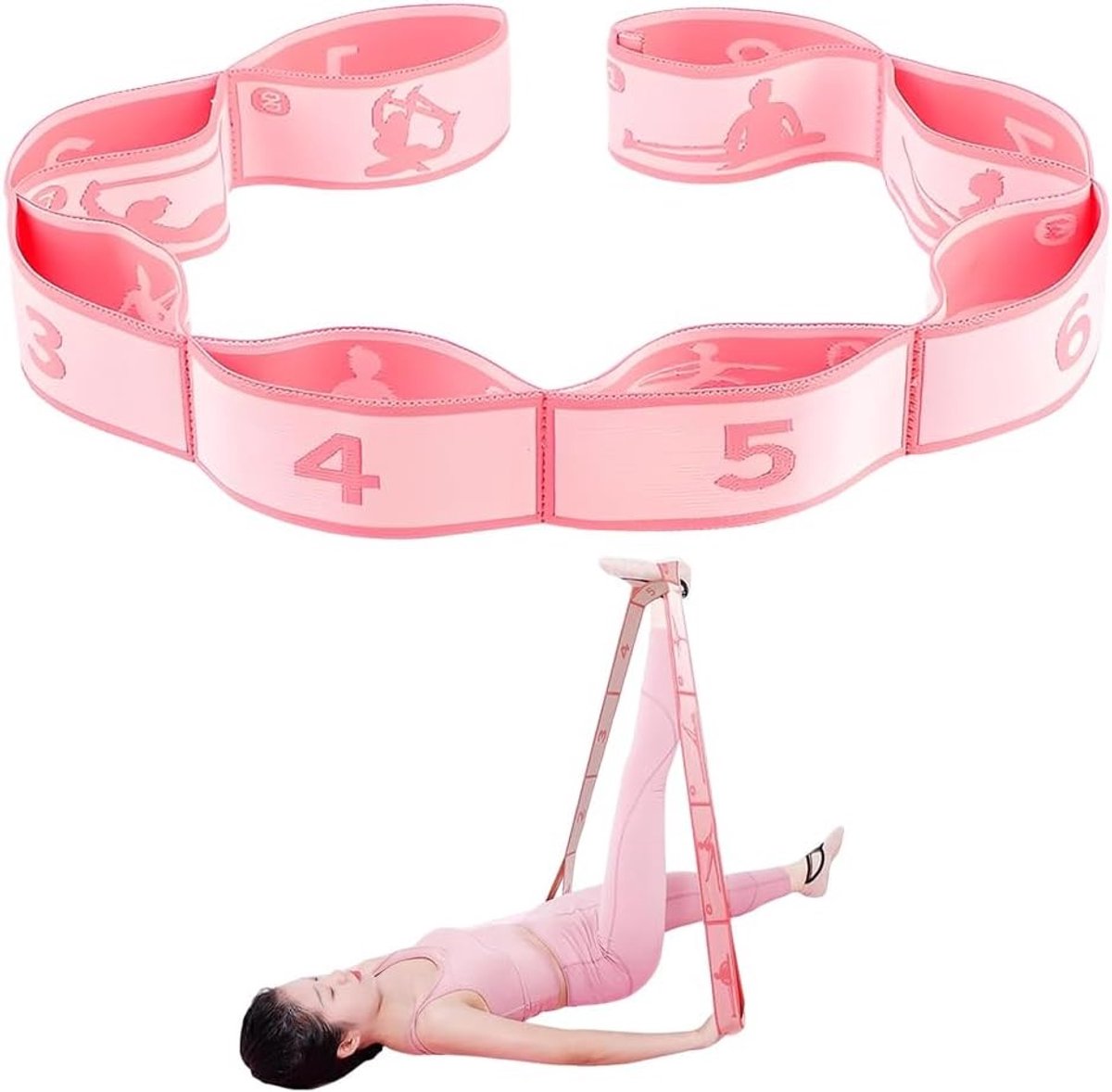 Yoga stretchband met 8 lussen, elastische fitnessband voor rekken, pilates, dans en gymnastiek, roze kleur