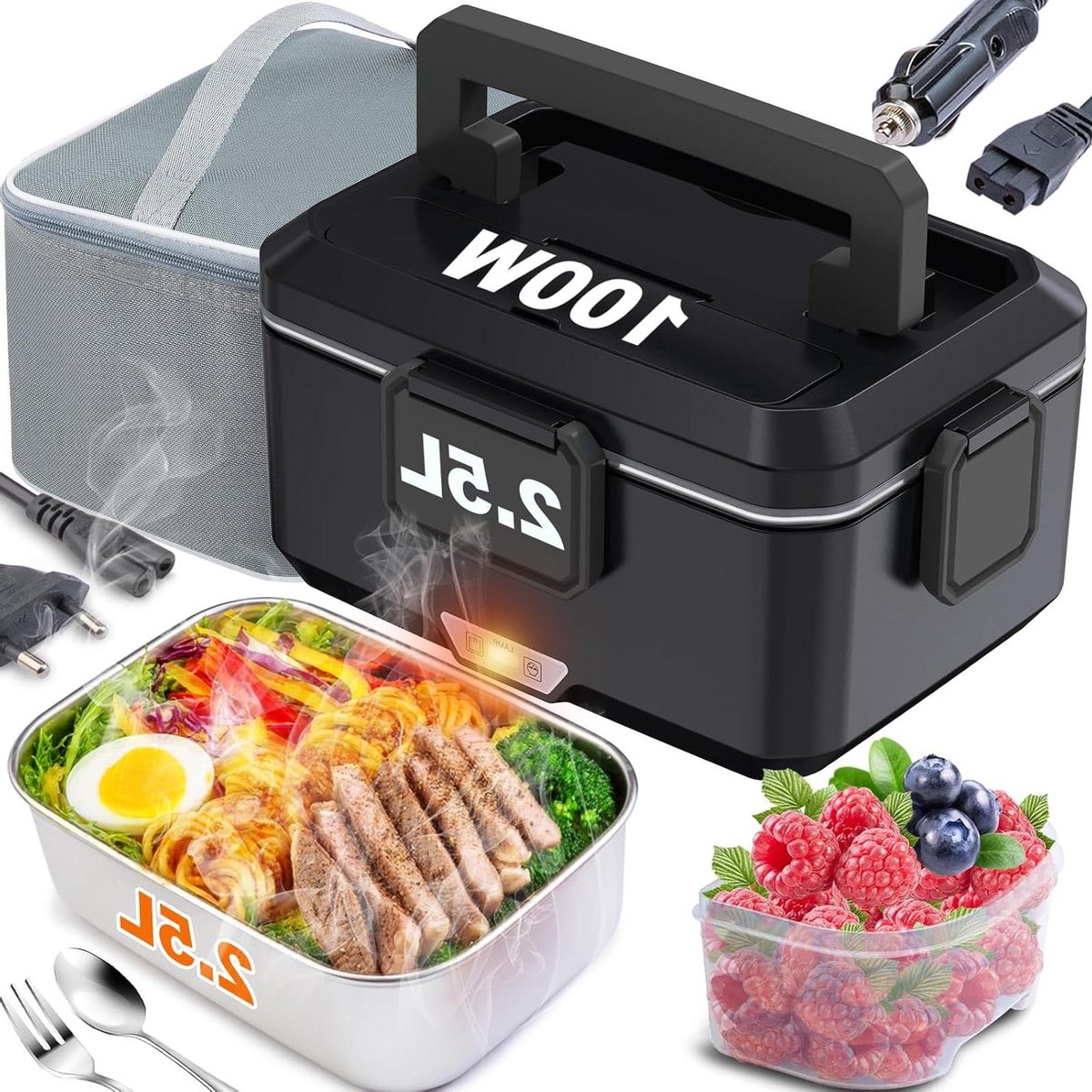 Elektrische lunchbox - Voedselwarmer draagbaar - Warme maaltijd onderweg - 3-in-1 stroomkabels - 25 liter capaciteit - Zwart