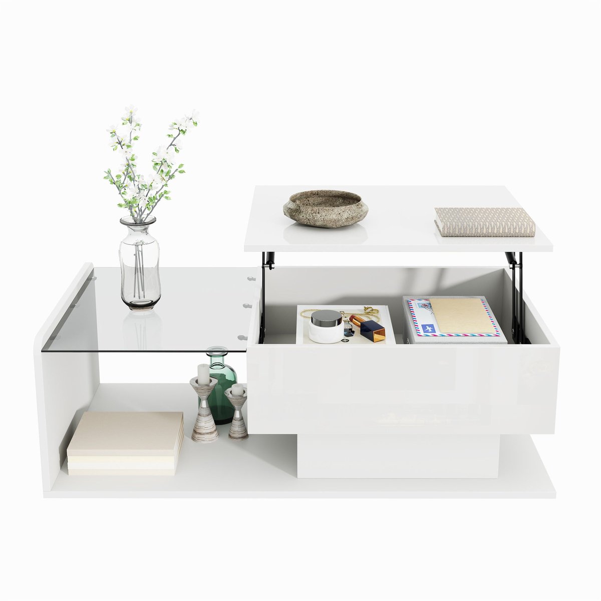 Merax Verstelbare Salontafel - Hoogglans Wit - Met Gehard Glas en Ledverlichting - Opbergruimte - 100 x 50 cm