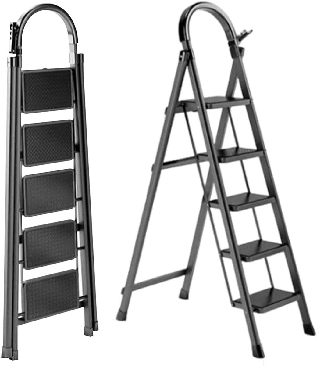 Trapladder Inklapbaar - Opstapladder Keuken - Veilig Klussen - Met Antislip Pedaal - 5 Treden - Zwart