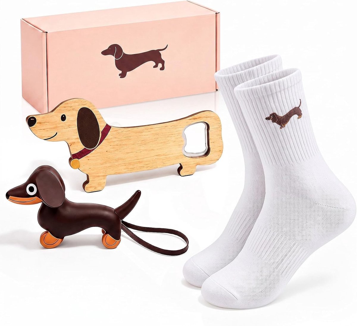 3 Stuks Teckel Cadeau Flesopener en Sokken Maat 36-42 voor Dames, Heren en Hondenliefhebbers met Schattige Puppy Sleutelhanger en Cadeauverpakking