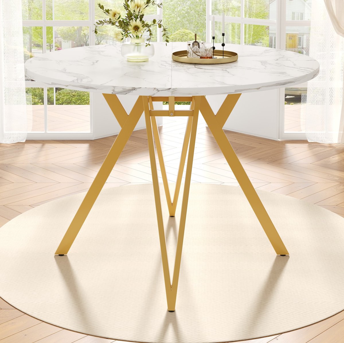 MEUNIQ ronde eettafel 100 x 100 x 76 cm met marmerlook MDF tafelblad, metalen frame en verstelbare voetjes voor eetkamer of woonkamer, goud