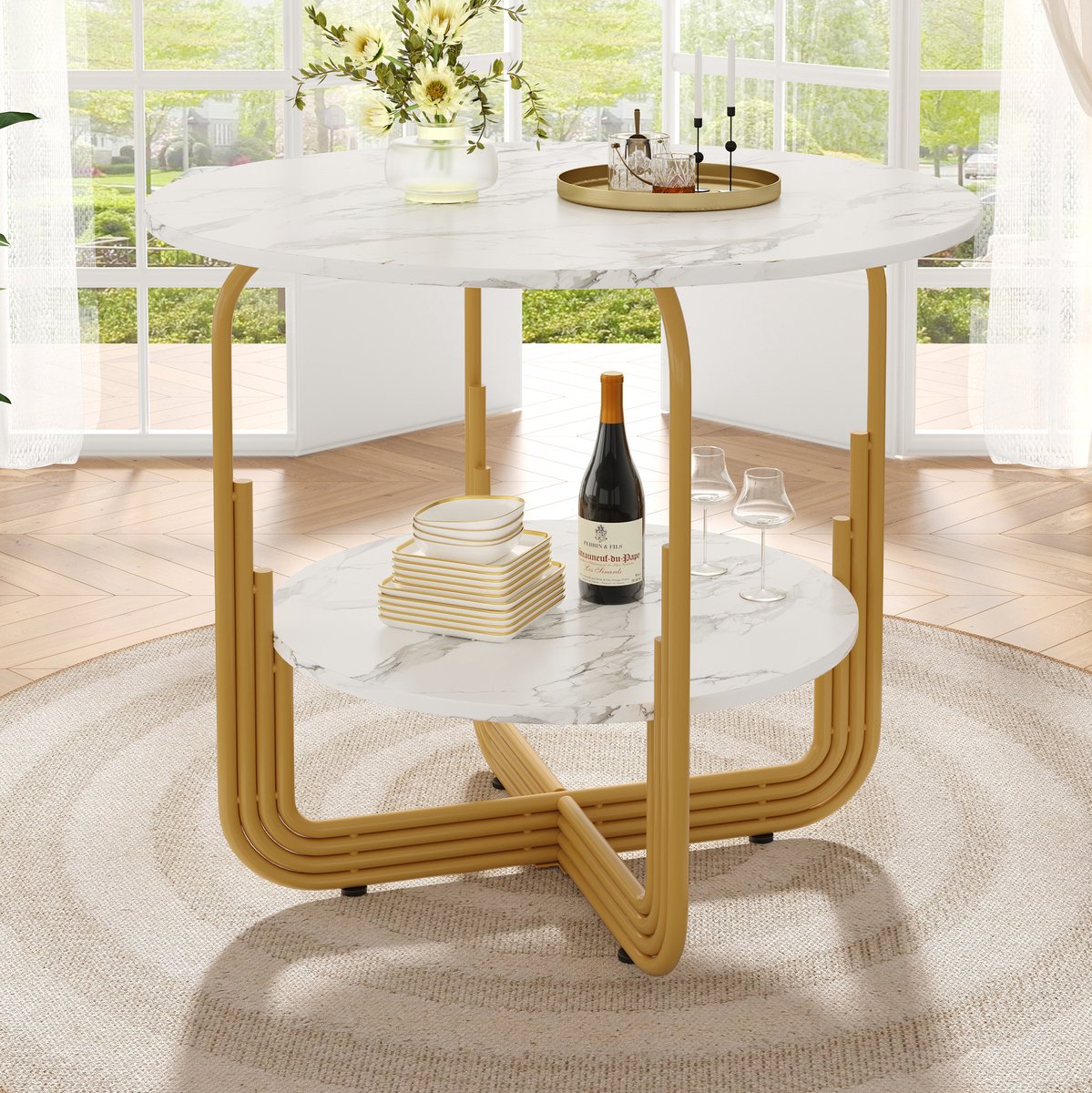 MEUNIQ Ronde eettafel 80 x 80 x 76 cm, MDF marmerlook tafelblad, gouden metalen frame, met ronde opberglaag, voor eetkamer of woonkamer