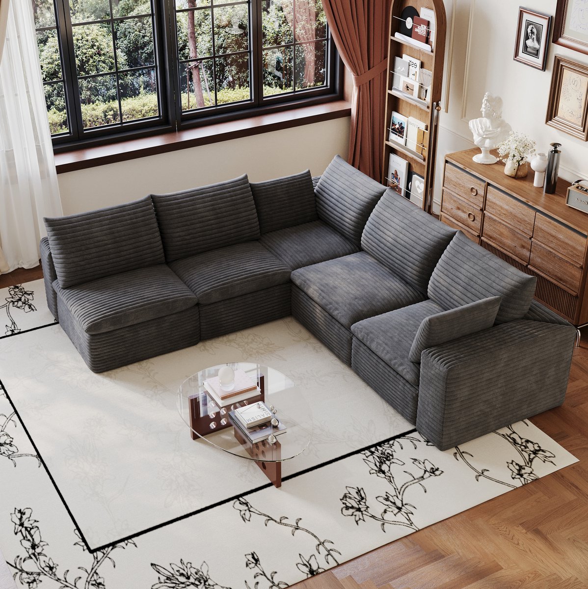 REDOM Hoekbank - Modulaire bank met 5 zitplekken - Corduroy stof - Afneembare kussens - Zonder montage - Woonkamer, slaapkamer, vergaderruimte en appartement - Donkergrijs - 260 x 250 x 82 cm