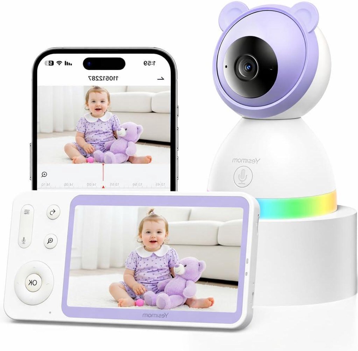 Baby Camera - Monitor Kind - Kind Bewaken - 360 Graden PTZ - 5 Inch Scherm - Paars