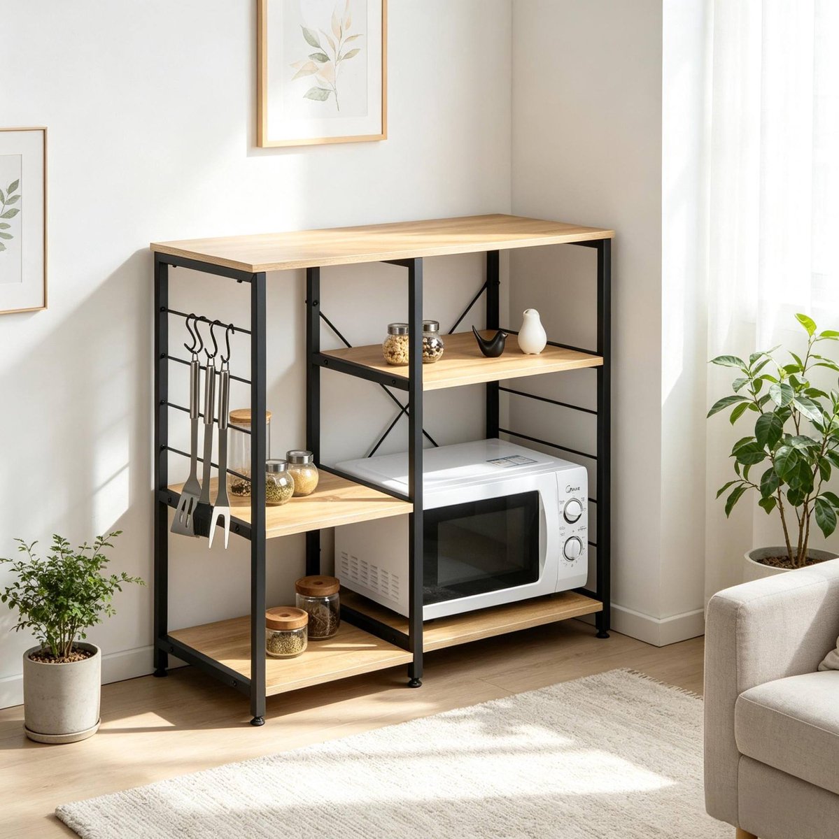 Stellingkast Open 90 x 40 x 83,5 Cm – Met 5 Planken En 4 Haken – MDF En Staal – Licht Eiken – Voor Keuken, Hal En Woonkamer