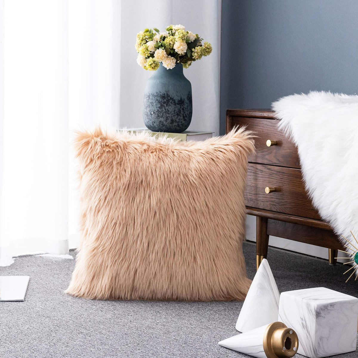SnelShoppen - Luxe Imitatiebont Kussenhoes 45x45 cm - Zachte Pluche Decoratieve Kussensloop voor Bank en Slaapbank - Kaki - Perfect voor Woonkamer en