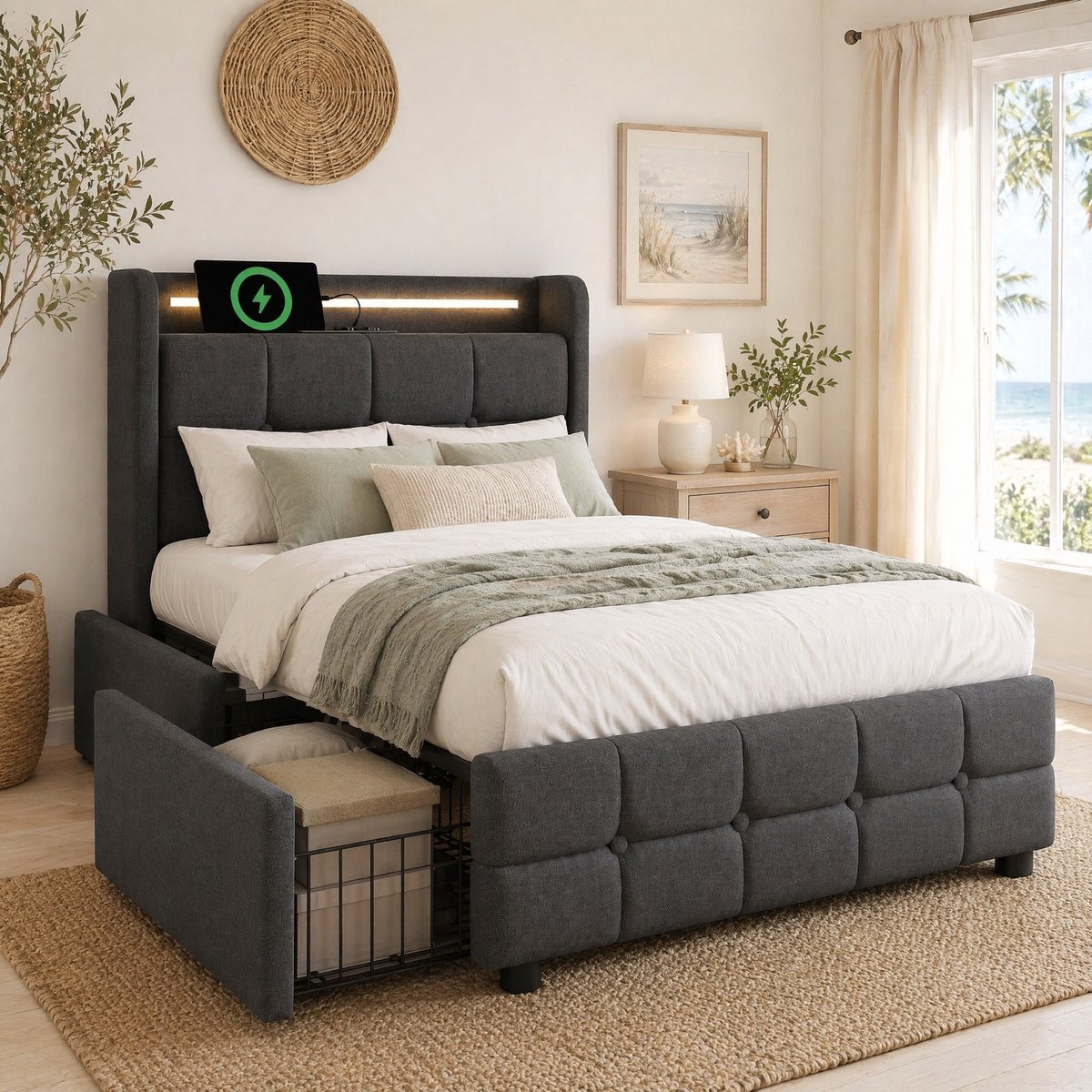 COVREO Bedframe 90x200 cm grijs, met LED en USB, 2 lades, zonder matras