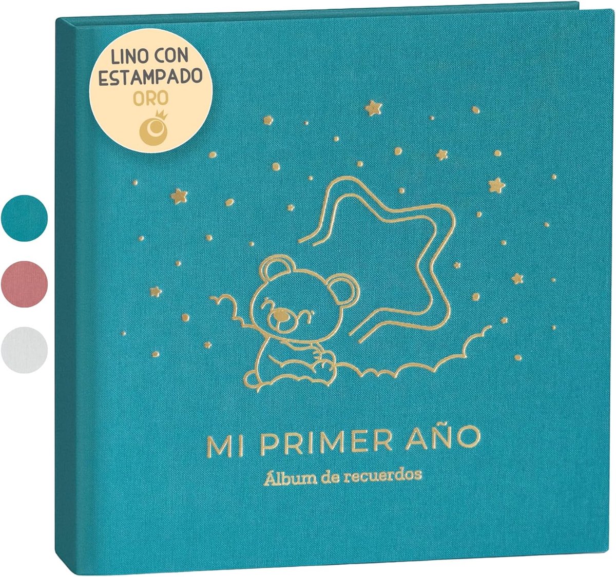 SnelShoppen - Fotoalbum voor baby's - Eerste jaar - Linnen omslag - 70 pagina's voor plakken en schrijven - Herinneringsboek met stickers - Perfect ca