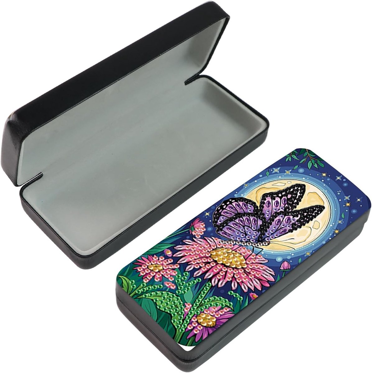 Parel Foto Bril Etui met Diamant Schilderij Design - Beschermdoos voor Zonnebrillen en Brillen, Geschikt voor Schilderen op Nummer, Met Vlinders en Bloemen Motief