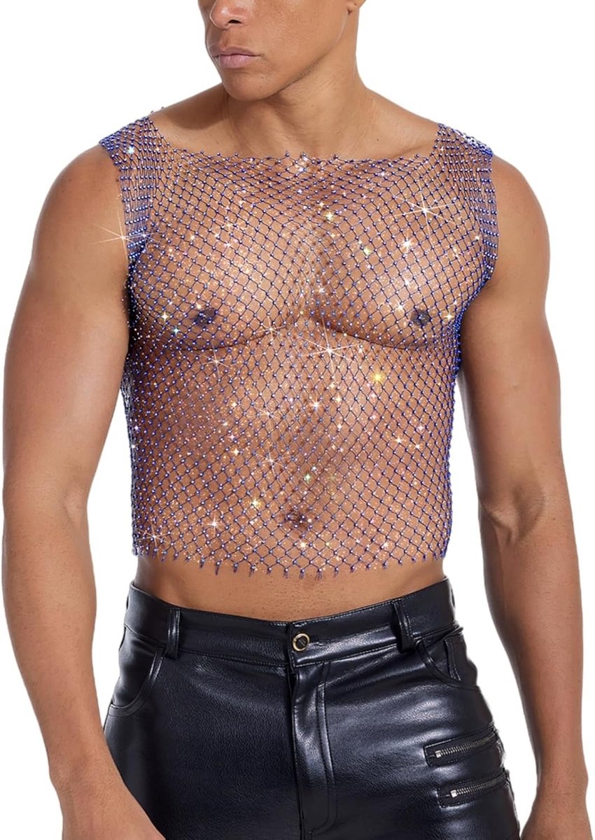 Sexy Glitter Fishnet Crop Top voor Mannen - Transparante Mouwloze Shirt met Gatpatroon voor Feestjes, Clubs en Festivals