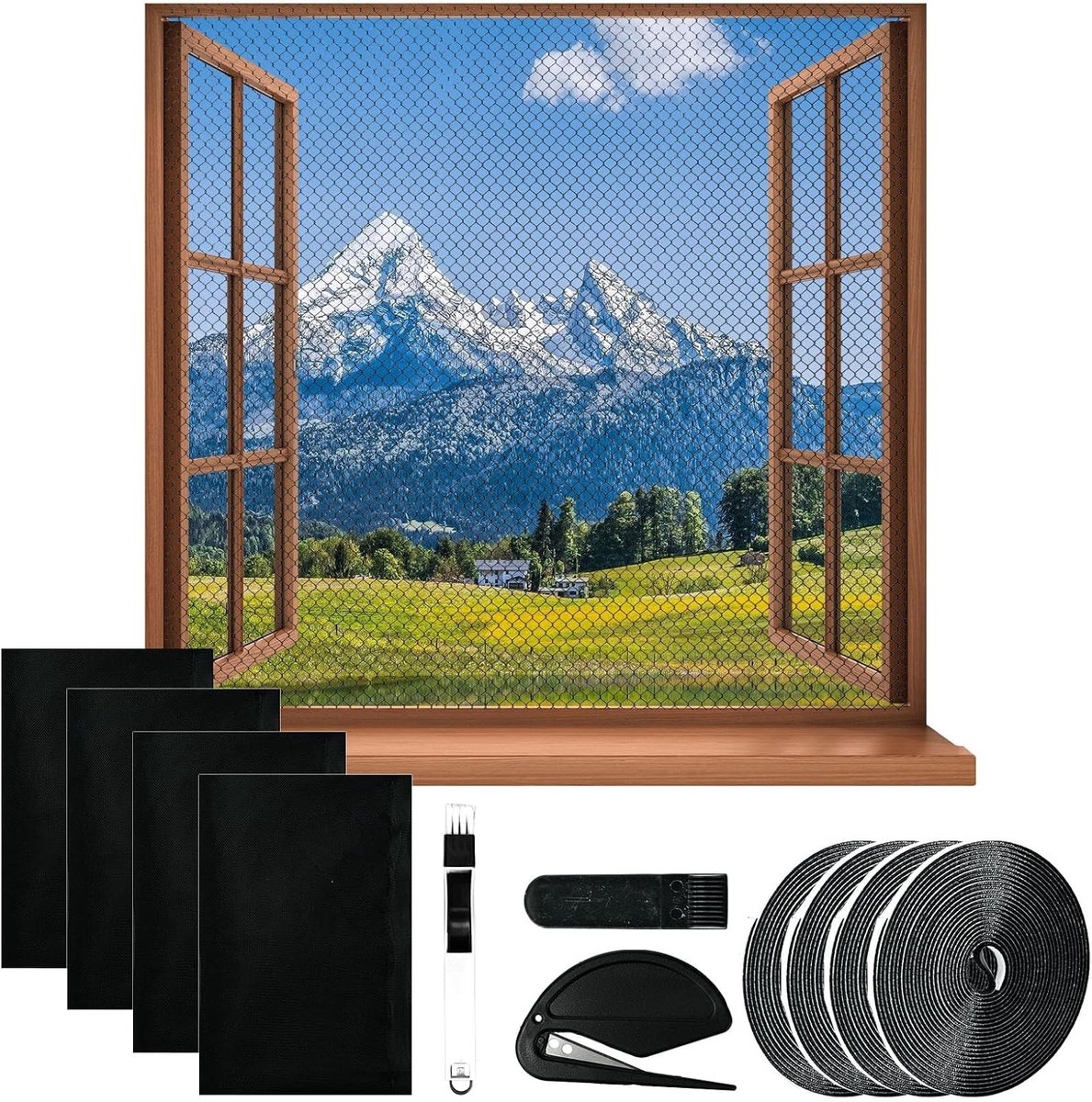 Vliegengaas set voor ramen - 4 stuks, 130 x 150 cm, zwart, insectenbescherming, eenvoudig te installeren, duurzaam materiaal
