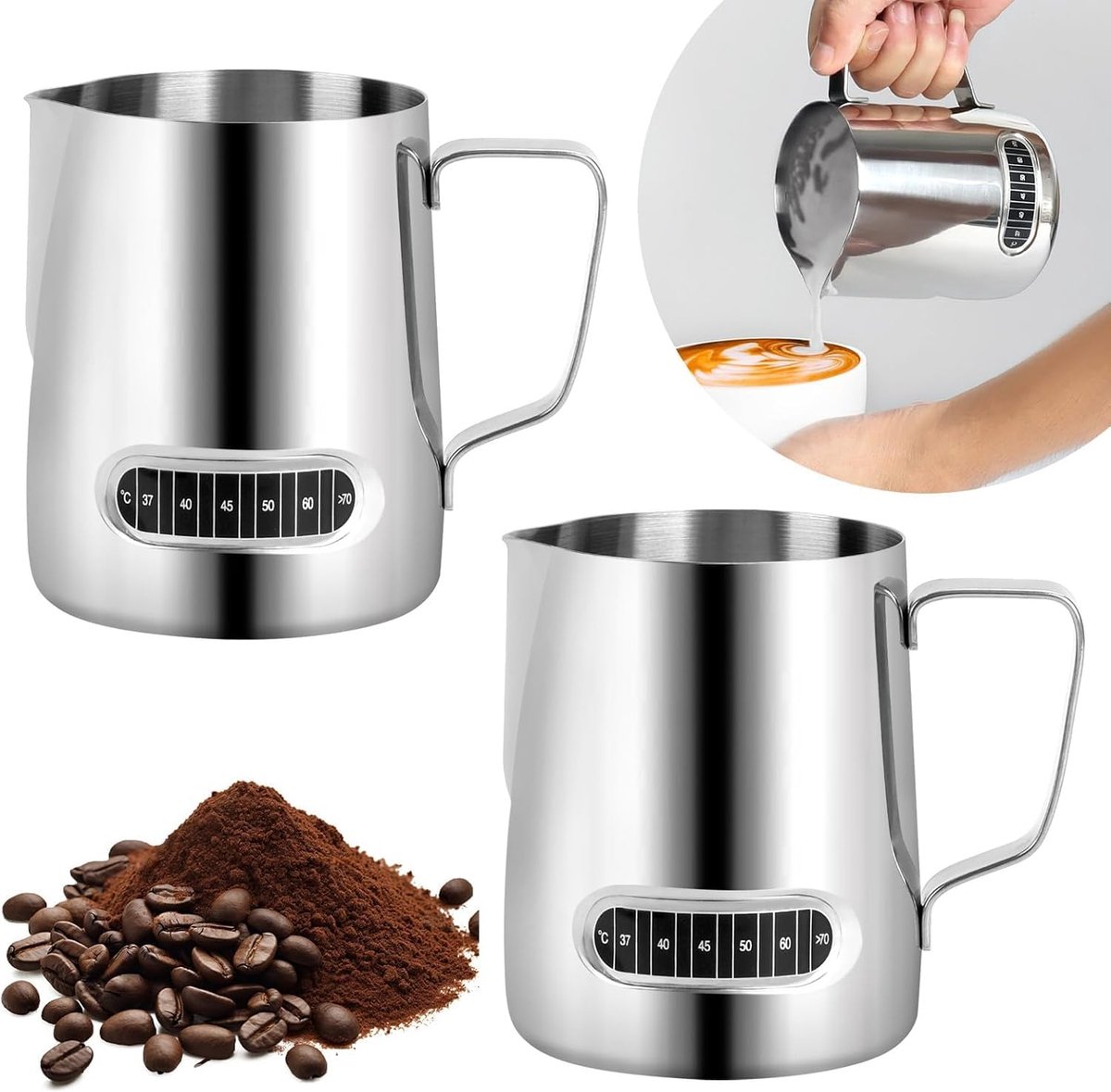 Melkopschuimkruik 2 stuks - roestvrijstaal - geïntegreerde thermometer - perfect schuim voor koffie - ShopVlot