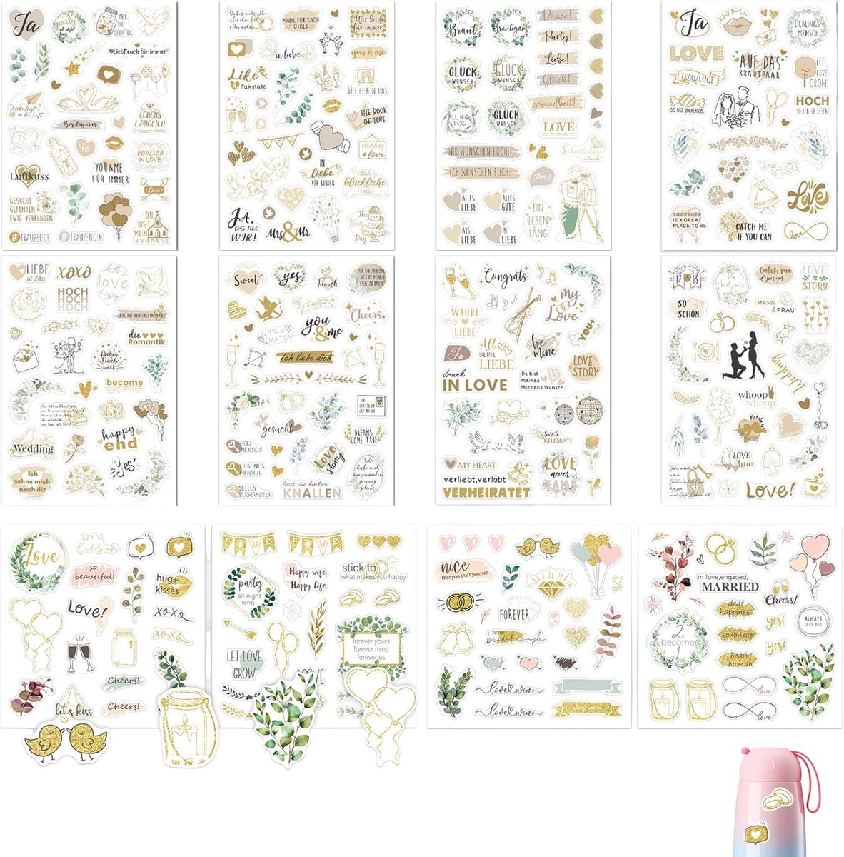 Vintage stickers gastenboek – 12 vellen decoratieve bruiloft stickers – scrapbook accessoires – retro boho stijl – - ShopVlot