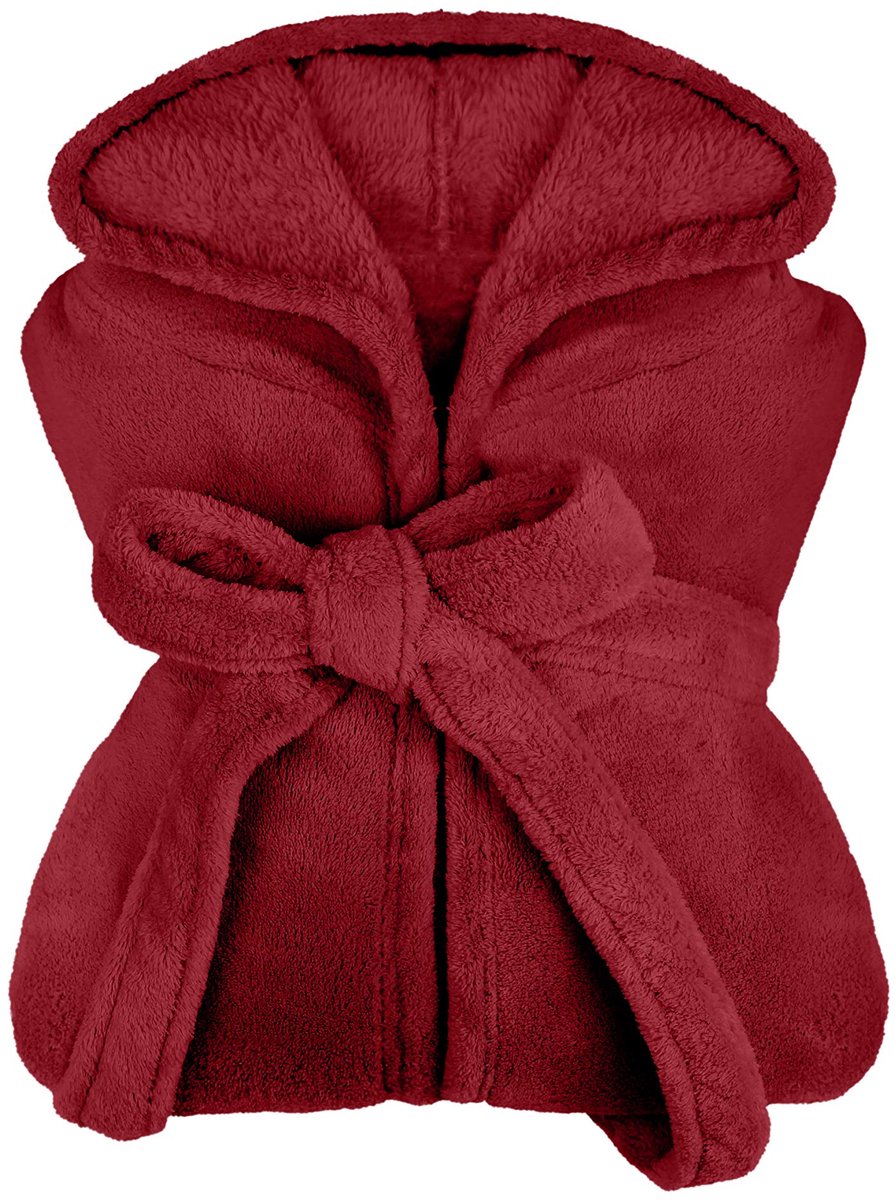 SnelShoppen - Extra zachte badjas met capuchon van knuffelfleece - Unisex kuitlang in moderne kleuren - Maat S bordeaux - Perfect voor thuis, wellness
