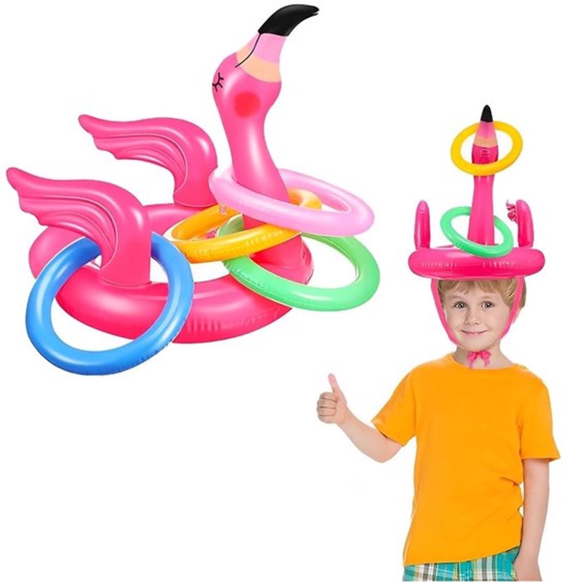 Opblaasbaar Werpspel - Opblaasbare Flamingo-hoed - 4 Opblaasbare Ringen - Zwembadfeestaccessoires - Buiten/ Binnen Spelletjes - Actieve Sfeer - Opblaasbaar Speelgoed