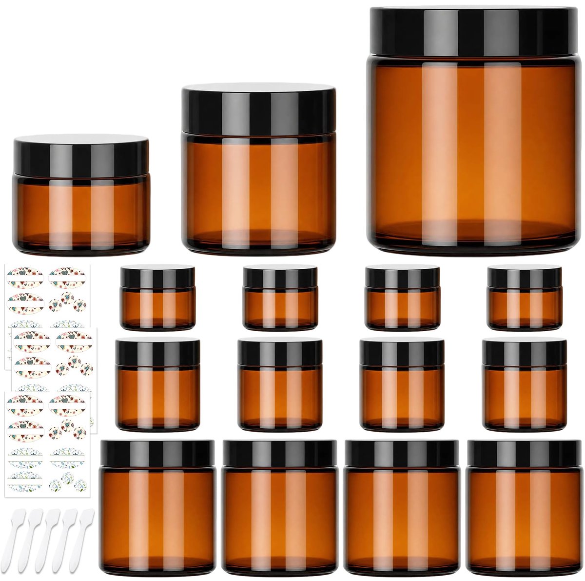 SnelShoppen - 15 stuks Amberkleurige Glazen Potten met Deksels (30 ml/60 ml/120 ml) - Navulbare Cosmetische Containers voor Gezichtscrème, Lotion, Rei