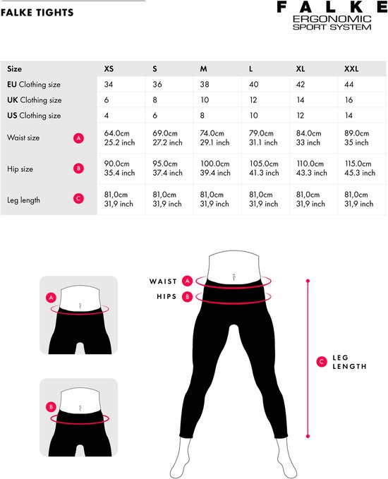 Maattabel en diagrammen voor FALKE Tights, meting van taille, heup en beenlengte.