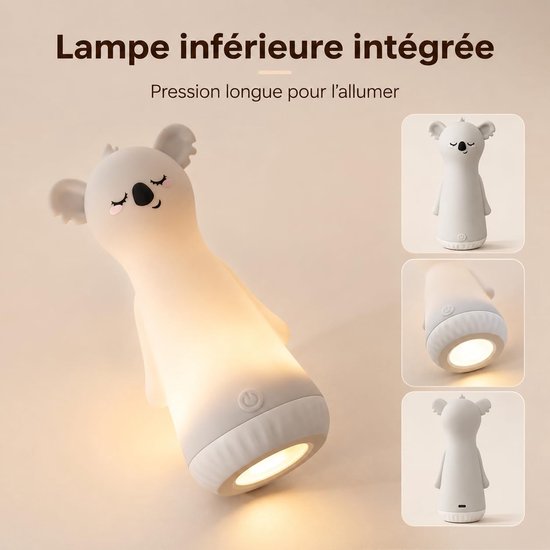 Namajunas - Koala Siliconen Nachtlampje - Oplaadbaar via USB-C Kinderlamp met Zaklampfunctie - Dimbare Zacht Licht Slaaplampje - voor Babykamer - voor Jongens en Meisjes - Warm licht - Voor Baby, Kind en Volwassenen - Grijs van Namajunas — afbeelding 4