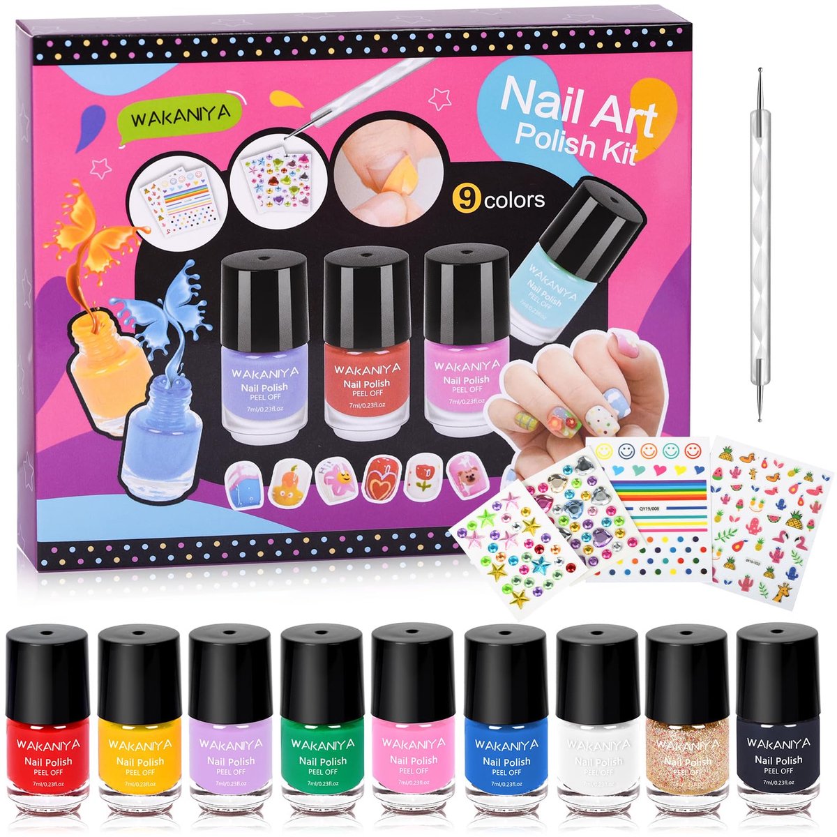 SnelShoppen - Wakaniya Nagellaksets voor Kinderen - Sneldrogende, Niet-Giftige Peeling Off Peuter Nagellak met Diamantstickers - Lage Geur Waterbasis