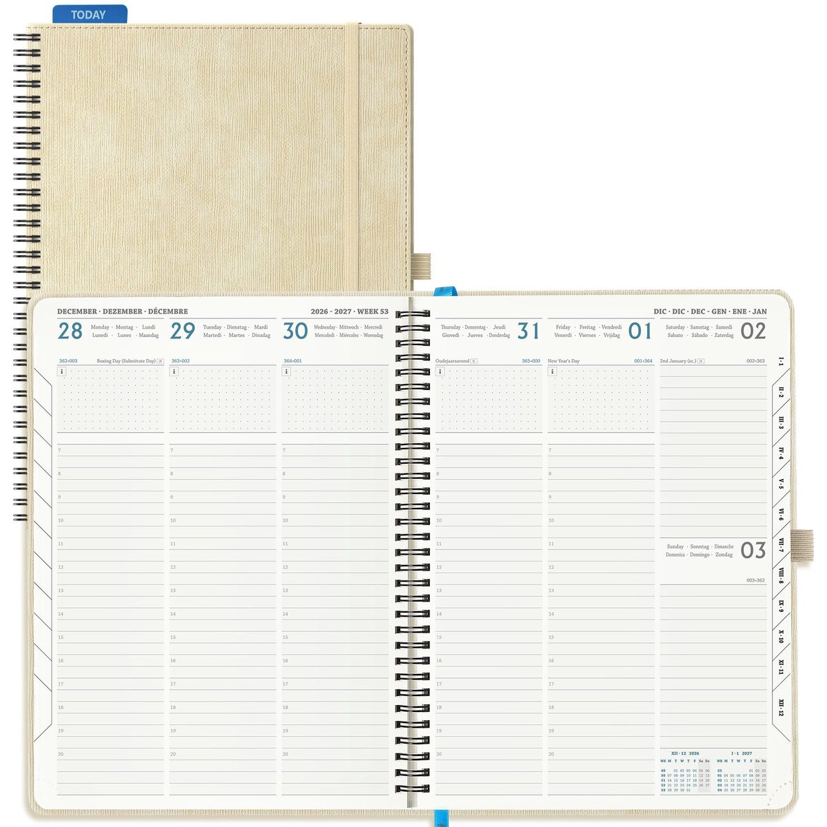 SnelShoppen - Agenda 2026 2027 A4 Weekplanner - Verticale Schoolagenda - 18 Maanden - Beige PU-Leren Spiraal - 80 Grams Papier - Perfect voor School e