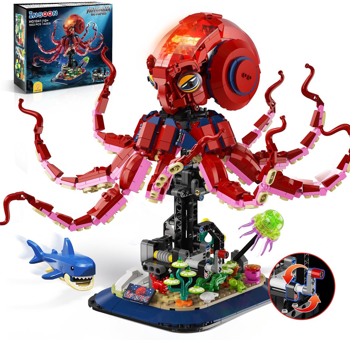 INSOON Mechanische Octopus Bouwpakket - 1033 Delen Spleegoed Bewegend Model met Licht Haai & Kwal Bouwsets voor Volwassenen & Tieners 10+