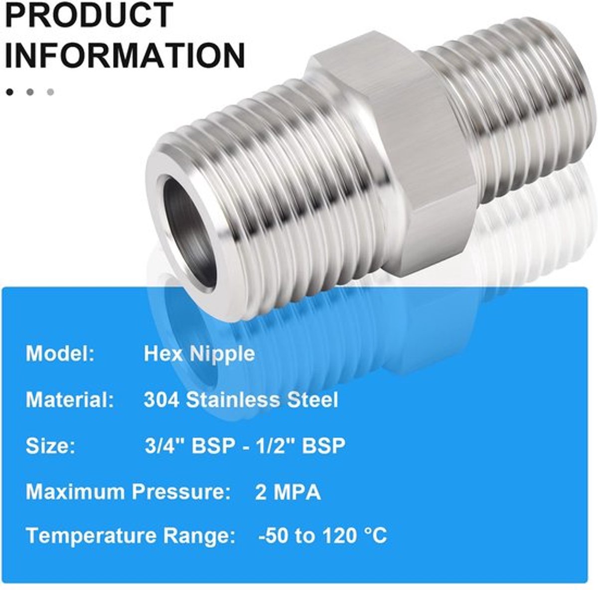 Zeskantnippel 304 Roestvrij Staal - Verloopstuk 3/4" x 1/2" BSP - Koppeling - Industrieel - Voor Water/Lucht/Gas - Geschikt voor Diverse Buizen - Buisverbinding