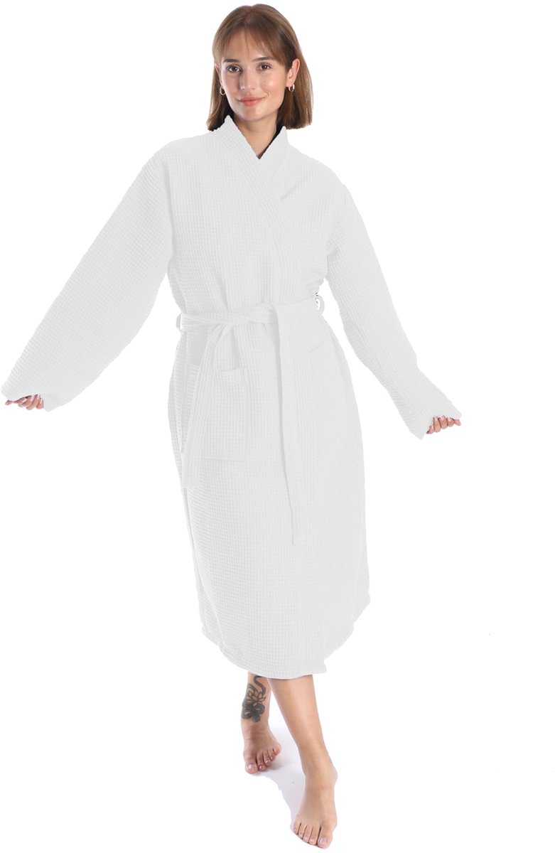 SnelShoppen - Witte Badjas voor Dames en Heren, 100% Katoen Wafelstof, Reisbadjas, Zacht, Absorberend, Lichtgewicht, Spa Badjas, Maat S