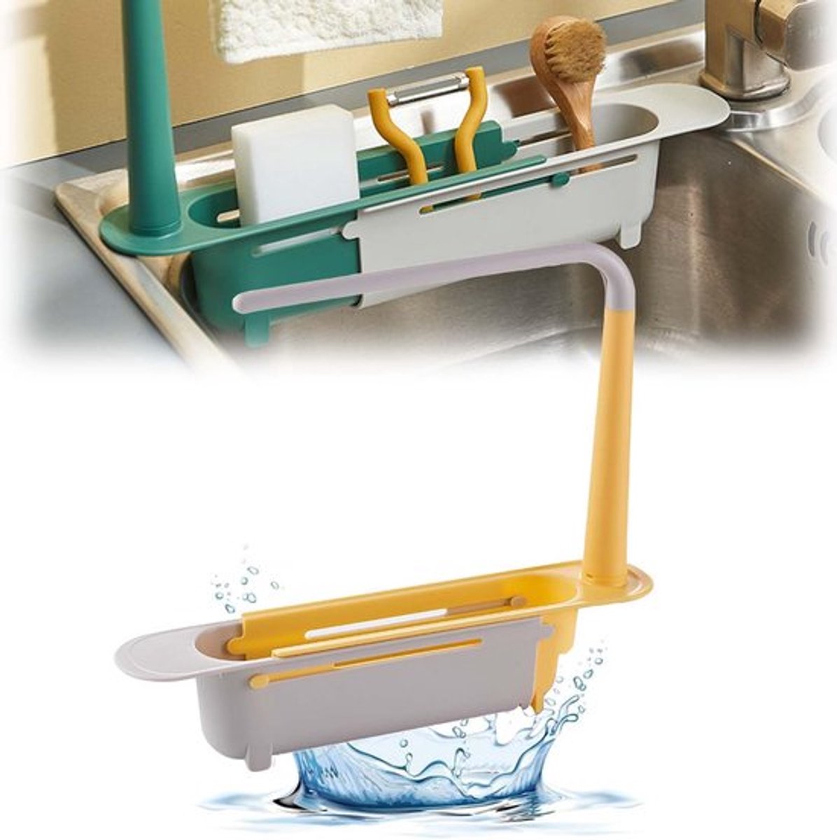 Spoelbakorganizer, 32-38 cm, schaalbaar, vaatdoekhouder, verstelbare sponshouder, gootsteenorganizer, hol onderkant ontwerp, onder gootsteen organizer voor het leggen van doeken en sponzen