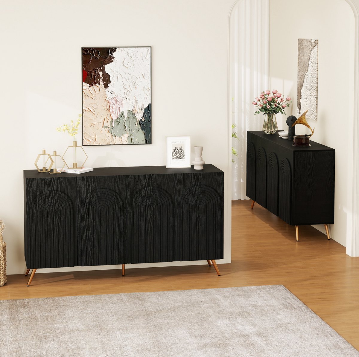 DESMIU Dressoir - Mid-Century Design Met 3D-Ribbels En Boogdeuren - Voor Hal En Woonkamer - Spaanplaat En Metaal - 150x38x83 Cm - Zwart
