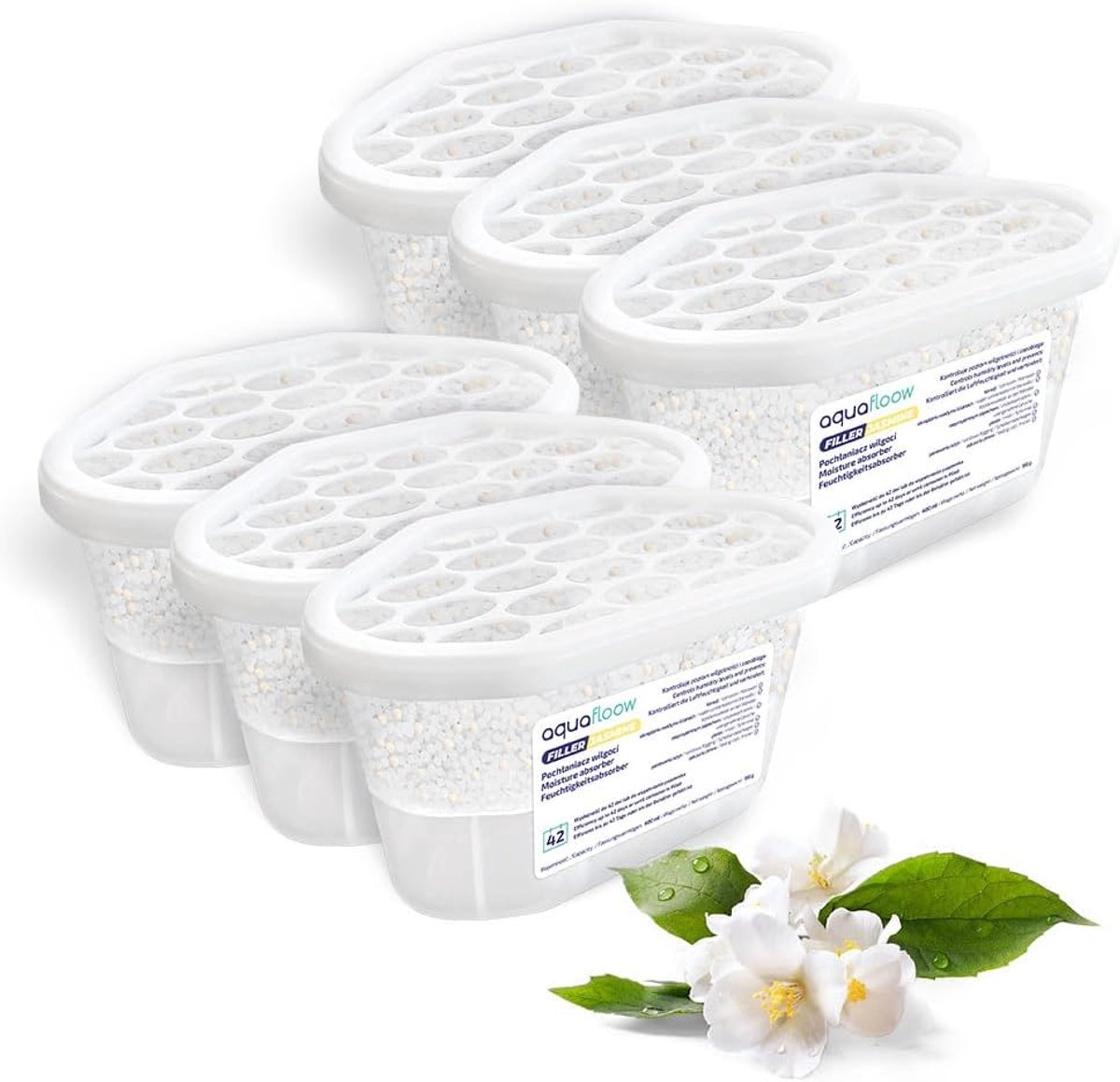 SnelShoppen - Aquafloow Ontvochtiger 400ml | Vochtabsorber, Geur Neutralizer, 6 Stuks Hygroscopische Granules voor Keuken, Badkamer, Kast en Studiekam