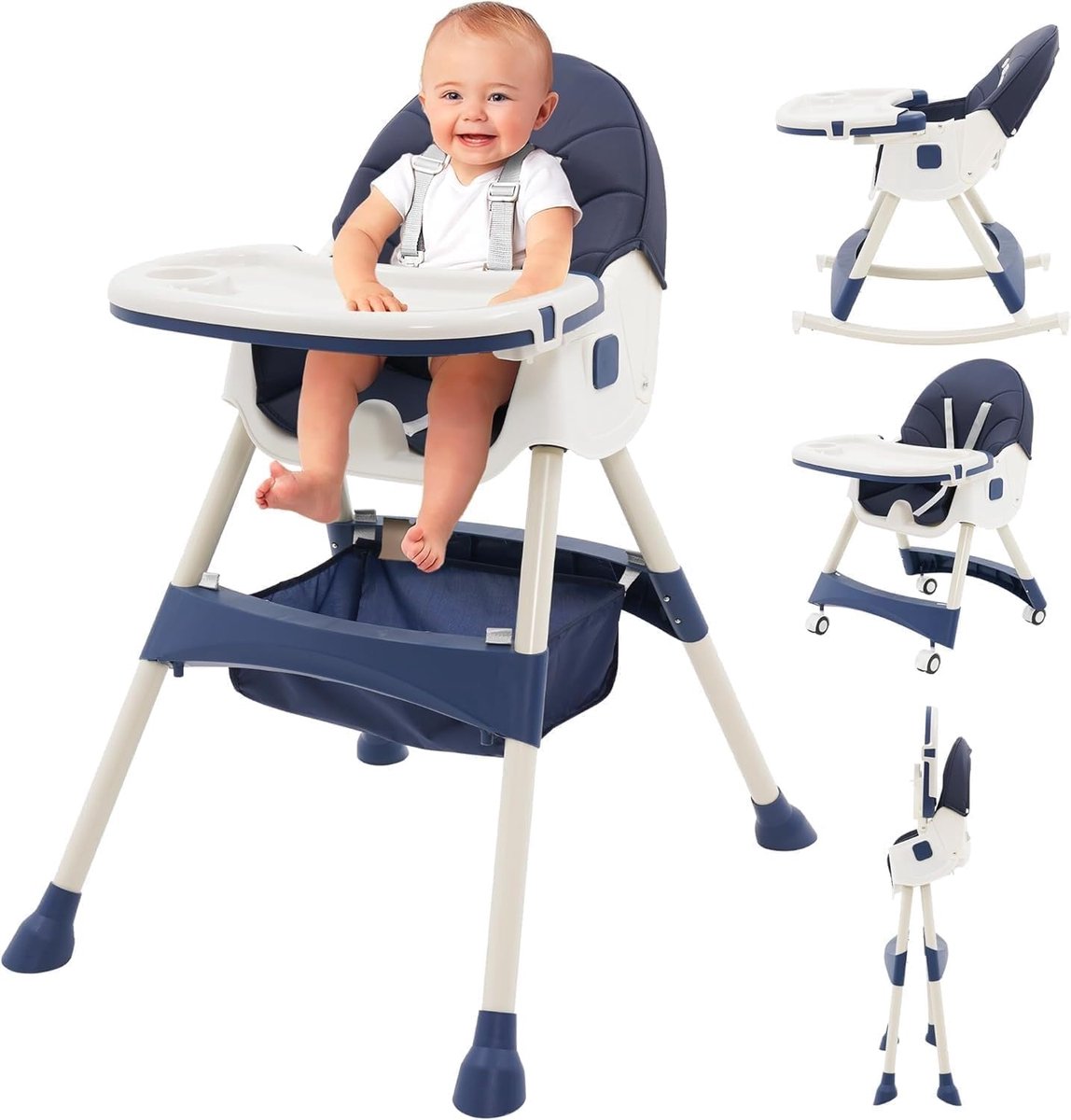 SnelShoppen - Kinderstoel voor baby's, verstelbare en inklapbare babystoel met afneembaar dienblad, ligfunctie, combikinderstoel in blauw voor eetkame